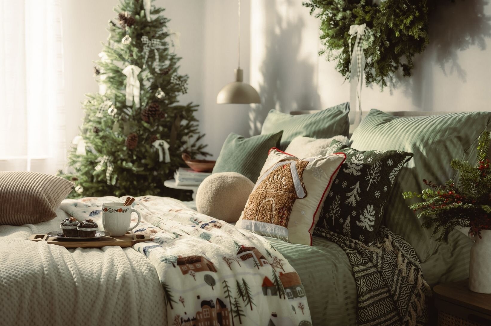 Ložnice ve vánočním stylu – vánoční dekorace a doplňky. 