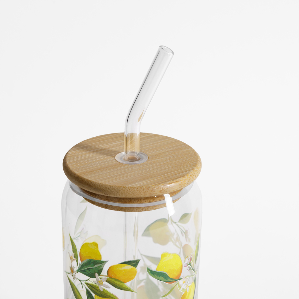 Sklenice s bambusovým víčkem a brčkem CITRÓNY 500 ml