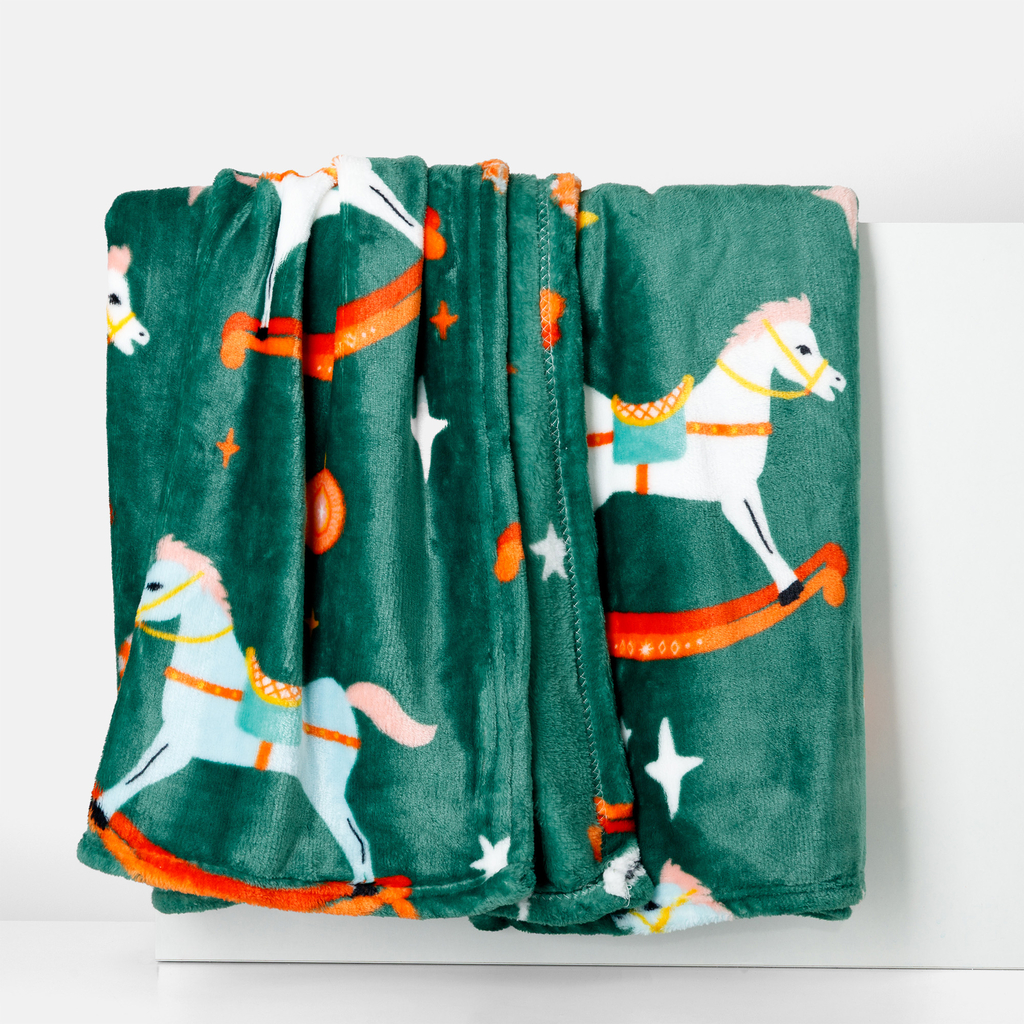 Vánoční deka s koníky zelená CODIE 130x160 cm