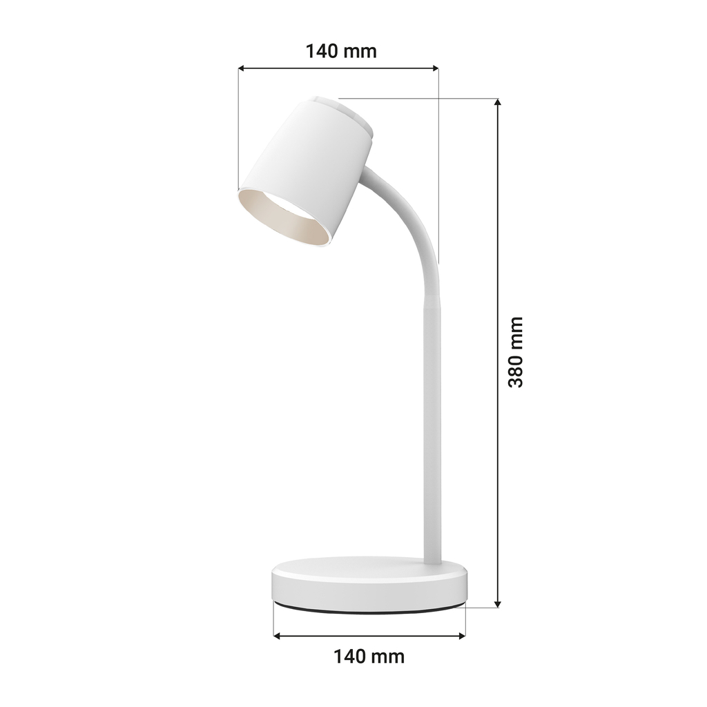 Lampa ORO VERO ma okrągłą podstawę o średnicy 14 cm, elastyczne ramię i klosz z wbudowanym oświetleniem LED.