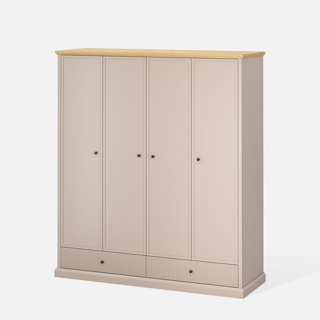 Čtyřdveřová šatní skříň do ložnice IDELLO taupe a kamenný dub