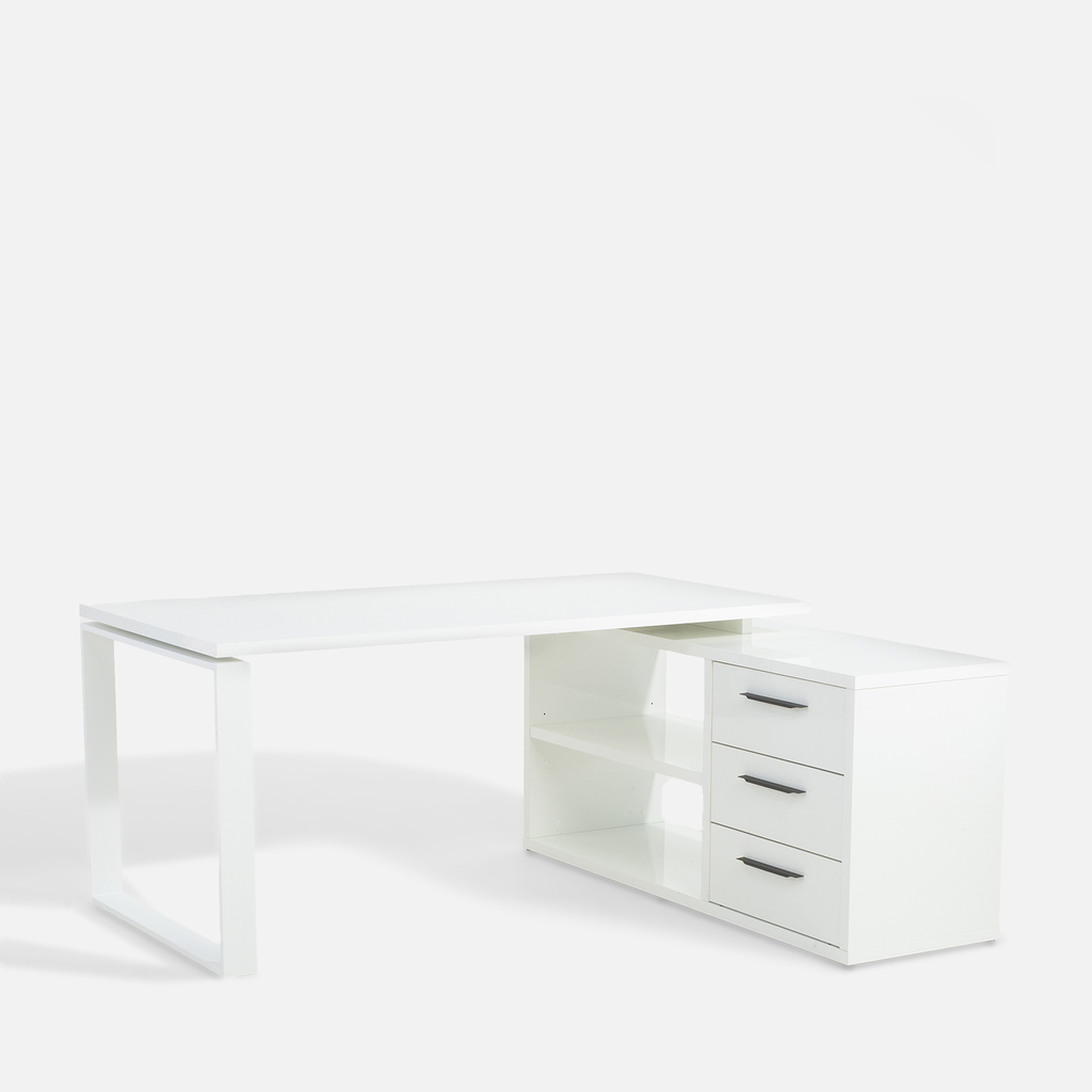Rohový psací stůl se zásuvkami DISEGNO WHITE OFFICE bílý lesk