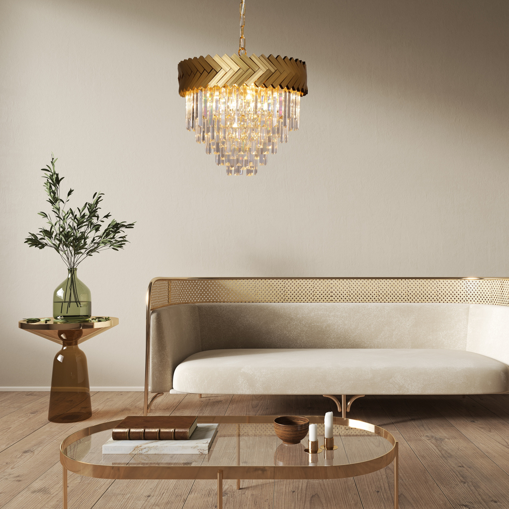 Zlatý závěsný křišťálový lustr glamour LYON