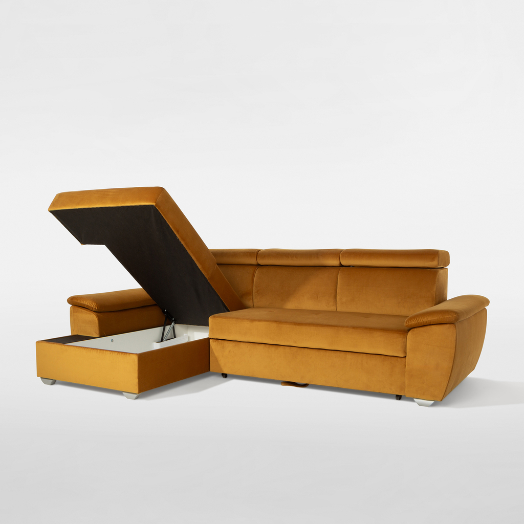Rohová sedací souprava s nastavitelnými opěrkami hlavy rozkládací levá TITAN hořčicová