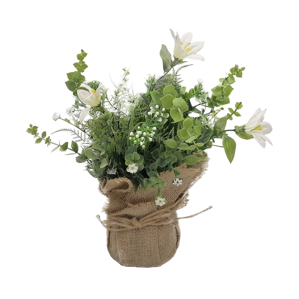 Bílá umělá květina v jutovém pytli 25 cm