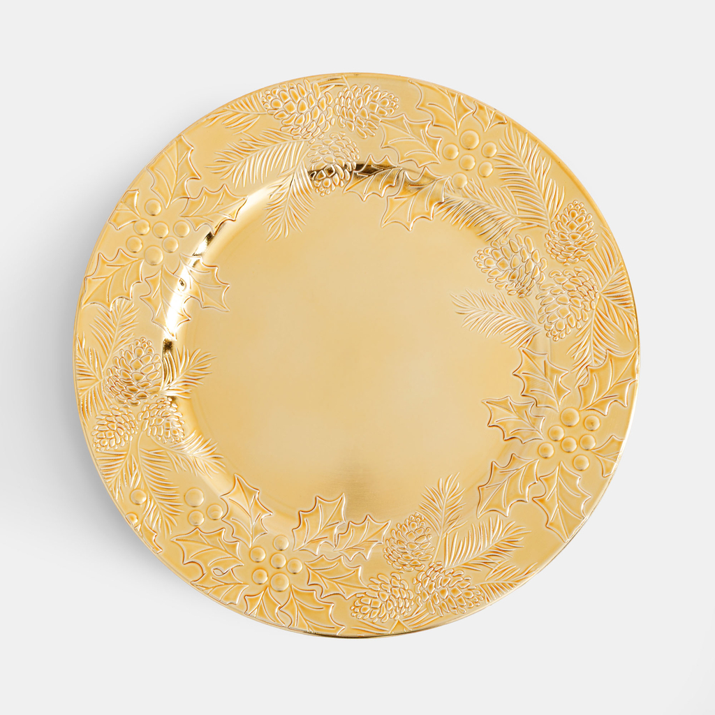 Dekorativní talíř podtalíř zlatý s zimními rostlinami 33 cm