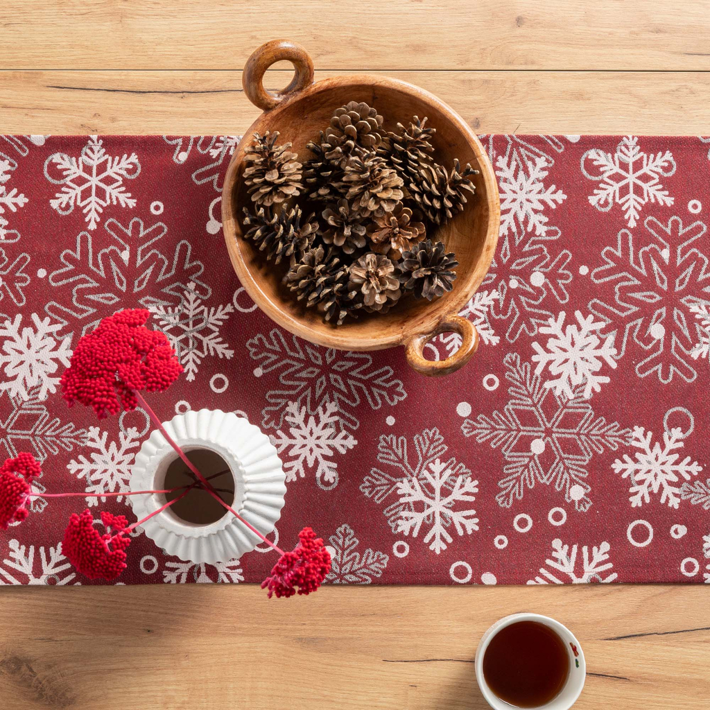 Běhoun na stůl se sněhovými vločkami VINTRO červený 40x120 cm