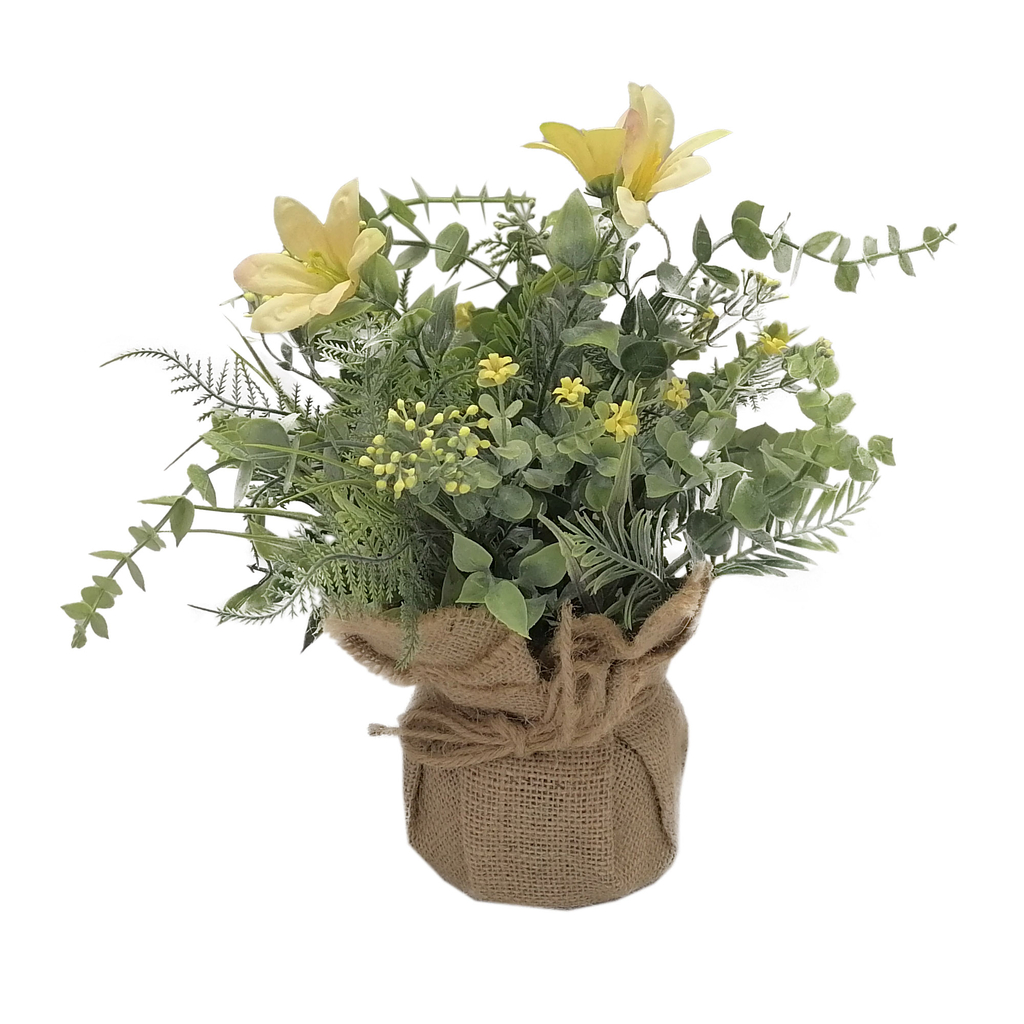 Žlutá umělá květina v jutovém pytli 25 cm