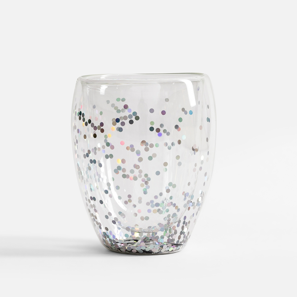 Dvoustěnná sklenice se stříbrnými konfetami 350ml