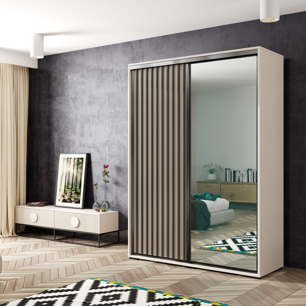 Šatní skříň s posuvnými dveřmí, zrcadlem a lamelami KOS 150 cm