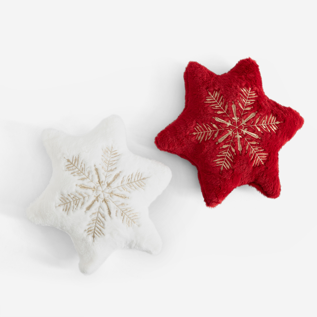 Vánoční červený polštář ve tvaru hvězdy se sněhovou vločkou STAR 35x35 cm