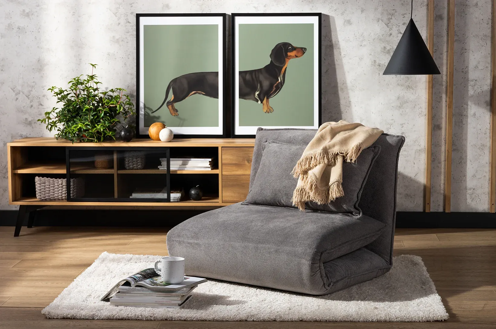 Šedé křeslo s dekou a obrazy se psem
