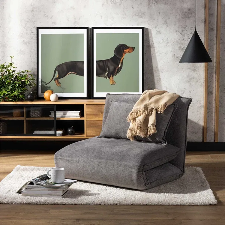 Šedé křeslo s dekou a obrazy se psem.