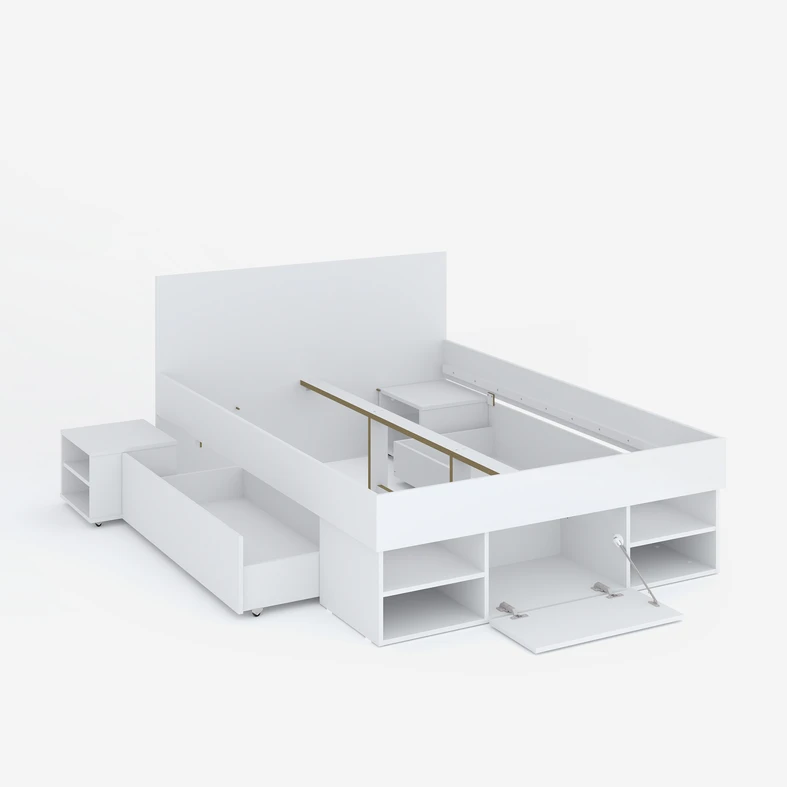 Zdjęcie ogólne łóżka. Pod kątem. Bez materaca. Otwarte szafki i szuflady.