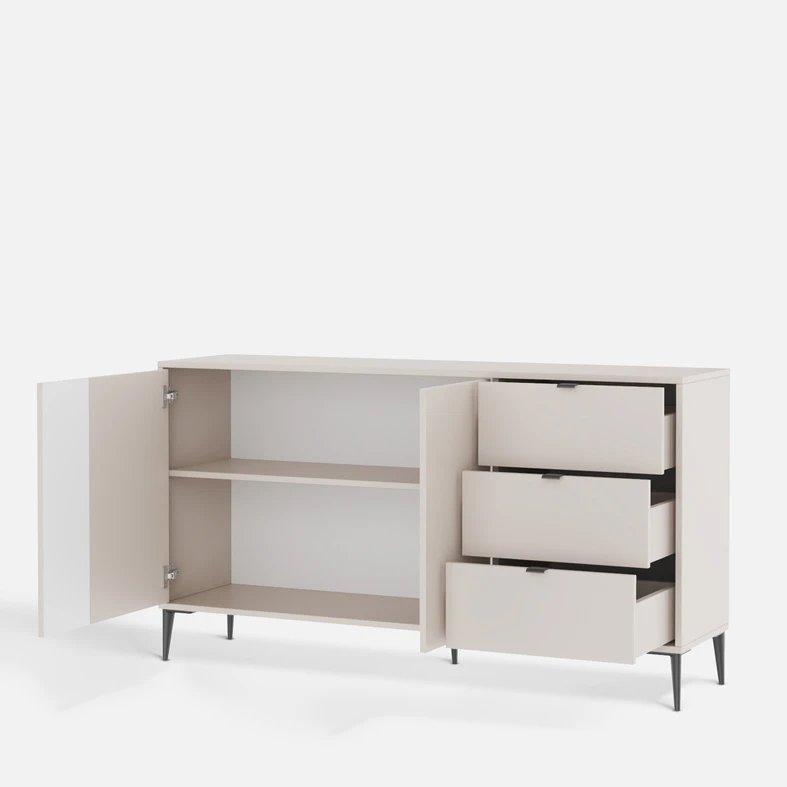 Komoda z szufladami INERTIA szerokość 157 cm kaszmir Jasna komoda z szufladami i szafkami – praktyczna, elegancka i idealna do salonu lub sypialni.