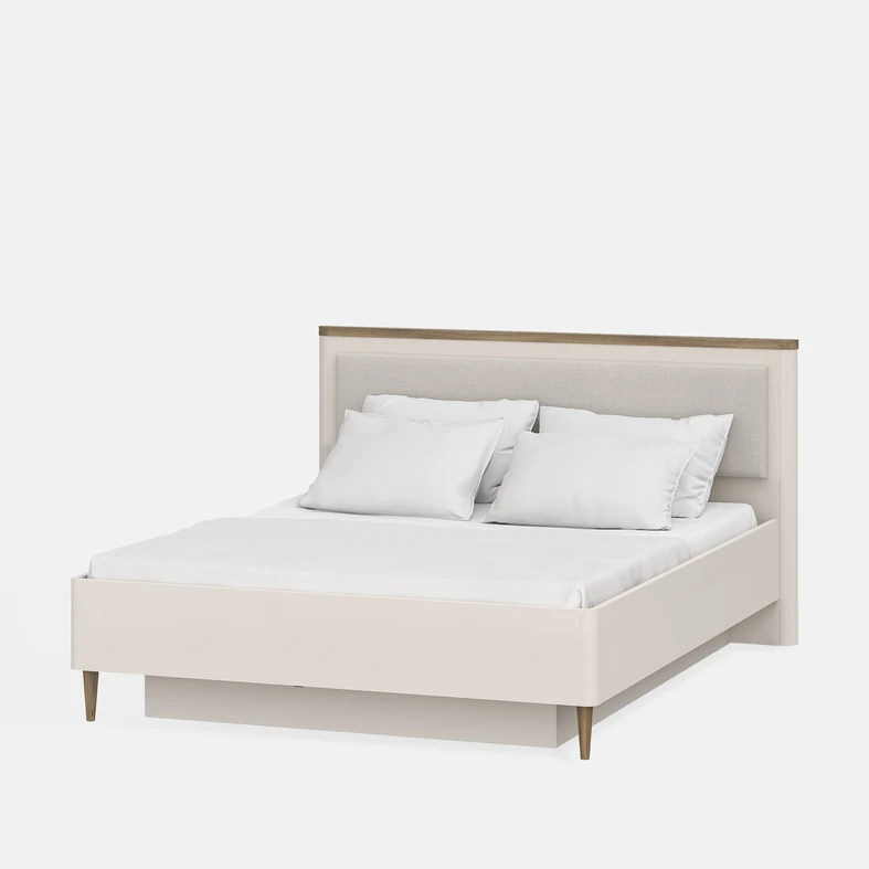 Beżowe łóżko z elementami w kolorze ciepłego drewna, z tapicerowanym panelem na wezgłowiu