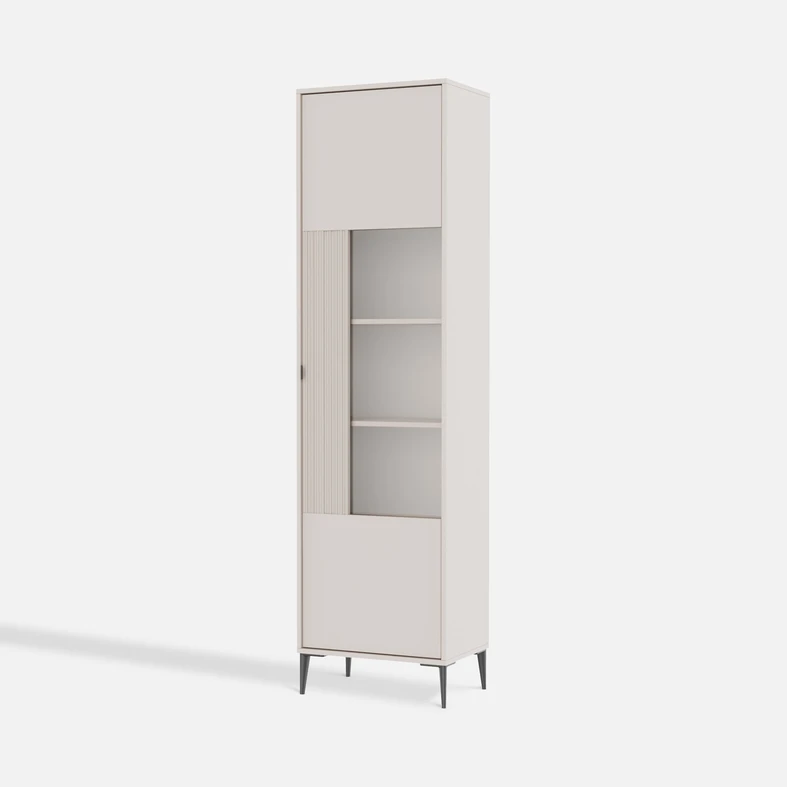 Witryna wysoka 215 cm INERTIA kaszmir Witryna 215 cm w jasnym odcieniu kaszmiru – eleganckie połączenie szkła, metalu i funkcjonalności.