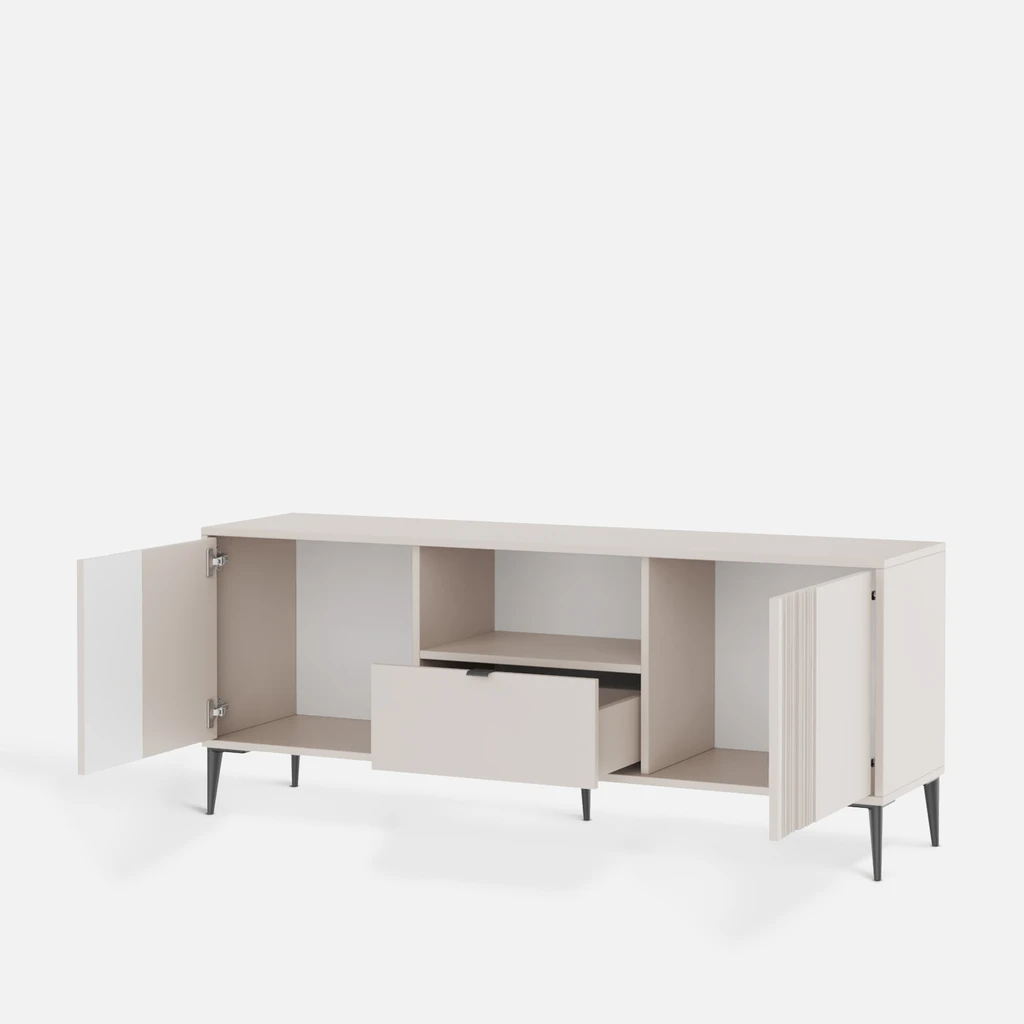 Jasna szafka RTV z dużym blatem – miejsce na telewizor, dekoracje i praktyczne przechowywanie.