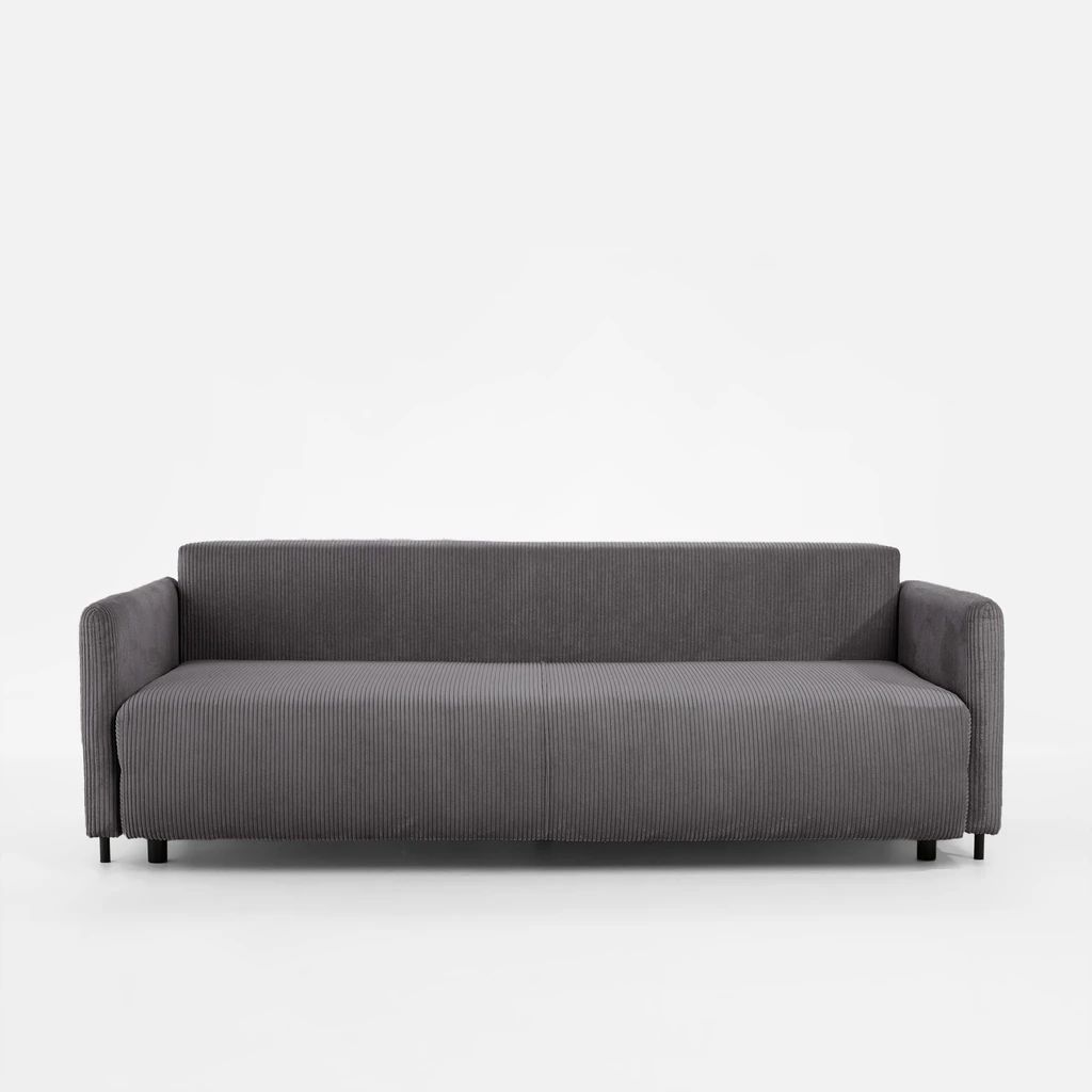 Szara sofa z prostokątnymi poduszkami i funkcją spania.