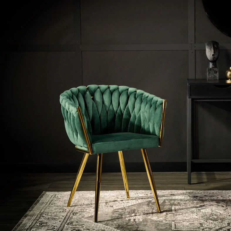 Zelená velurová židle na zlatých nohách LIANA