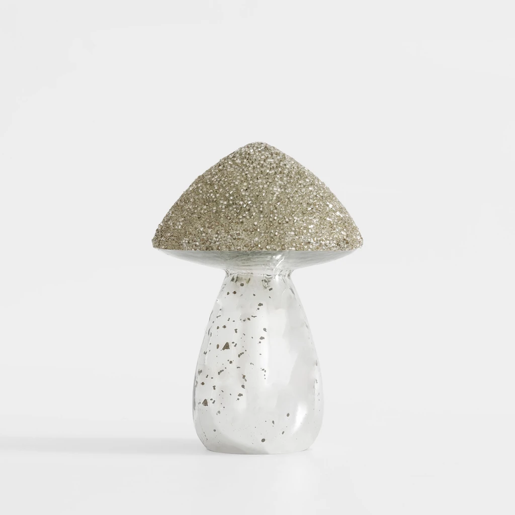 Skleněná dekorace hřib, stříbrný, 13 cm, MIX