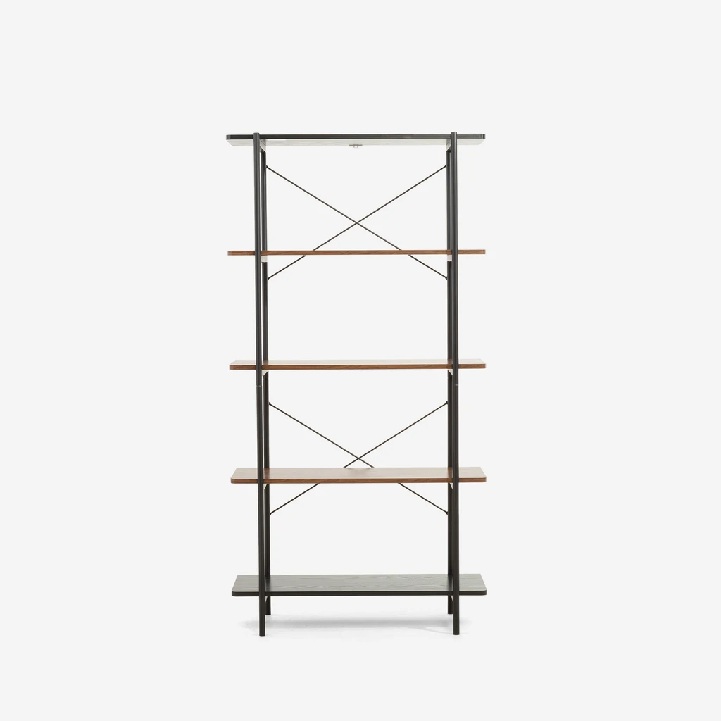 Regał na metalowym, czarnym stelażu z półkami w kolorze ciemnego i czarnego drewna