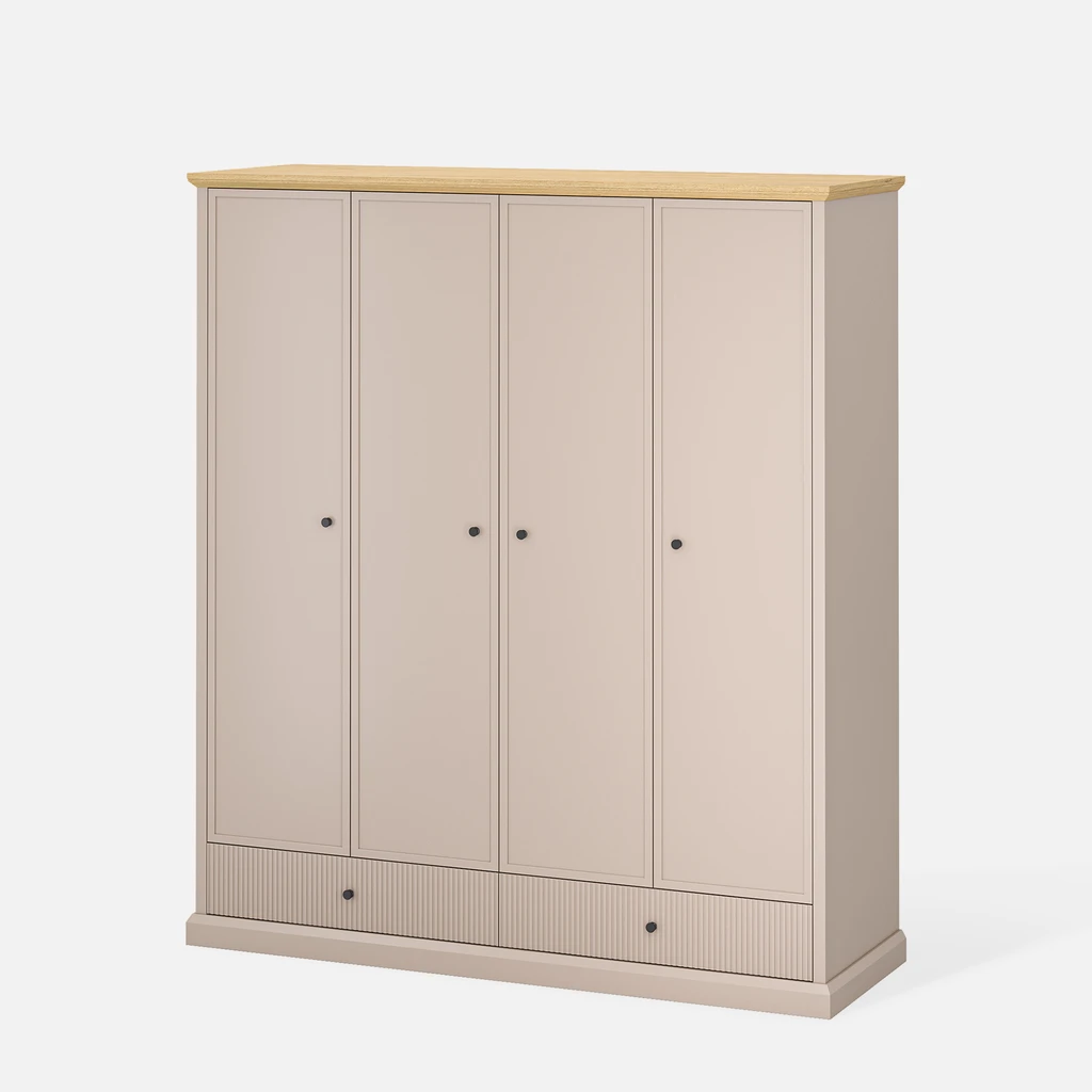 Čtyřdveřová šatní skříň do ložnice IDELLO taupe a kamenný dub