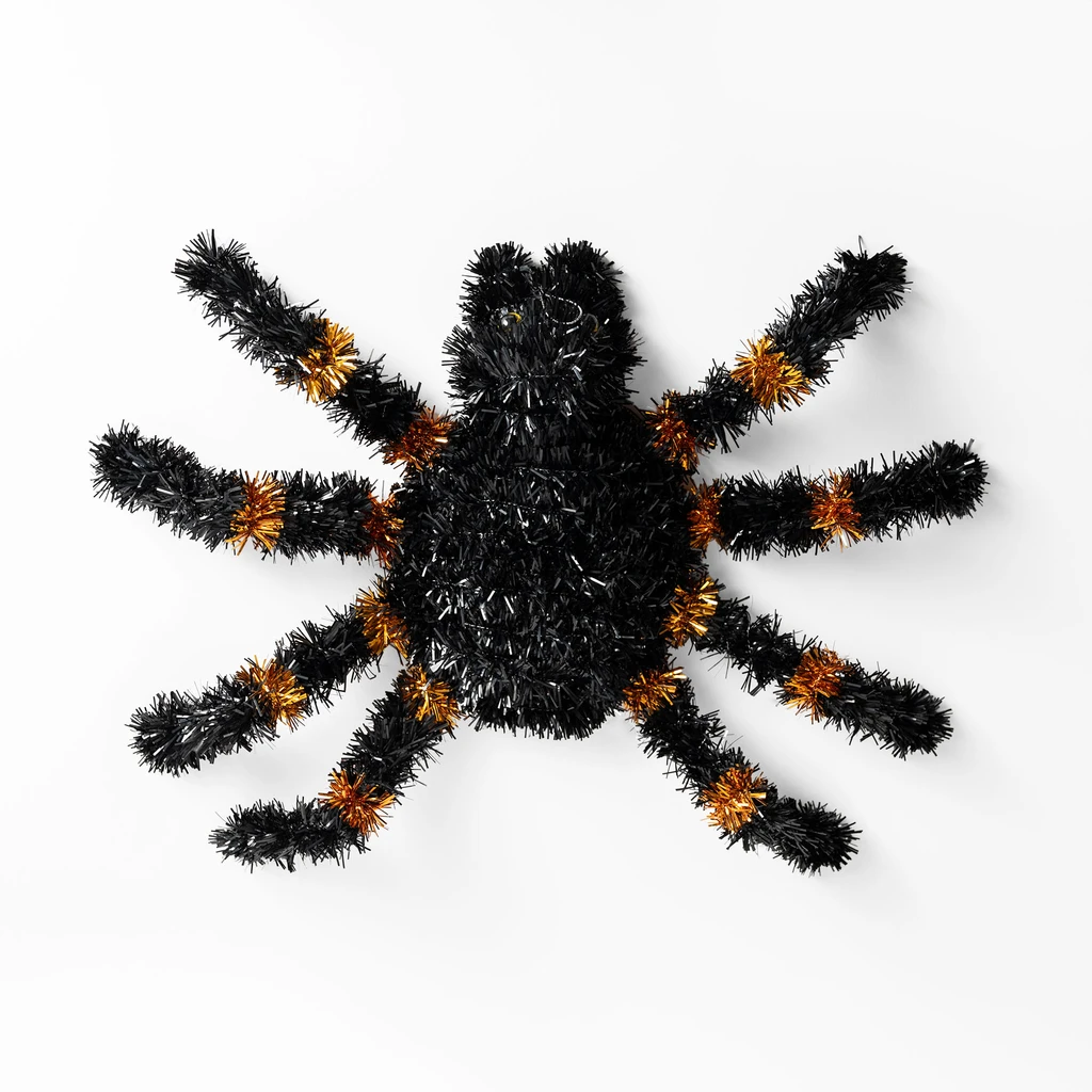 Dekoracja pająk czarno-pomarańczowy 45 cm - widok z góry.