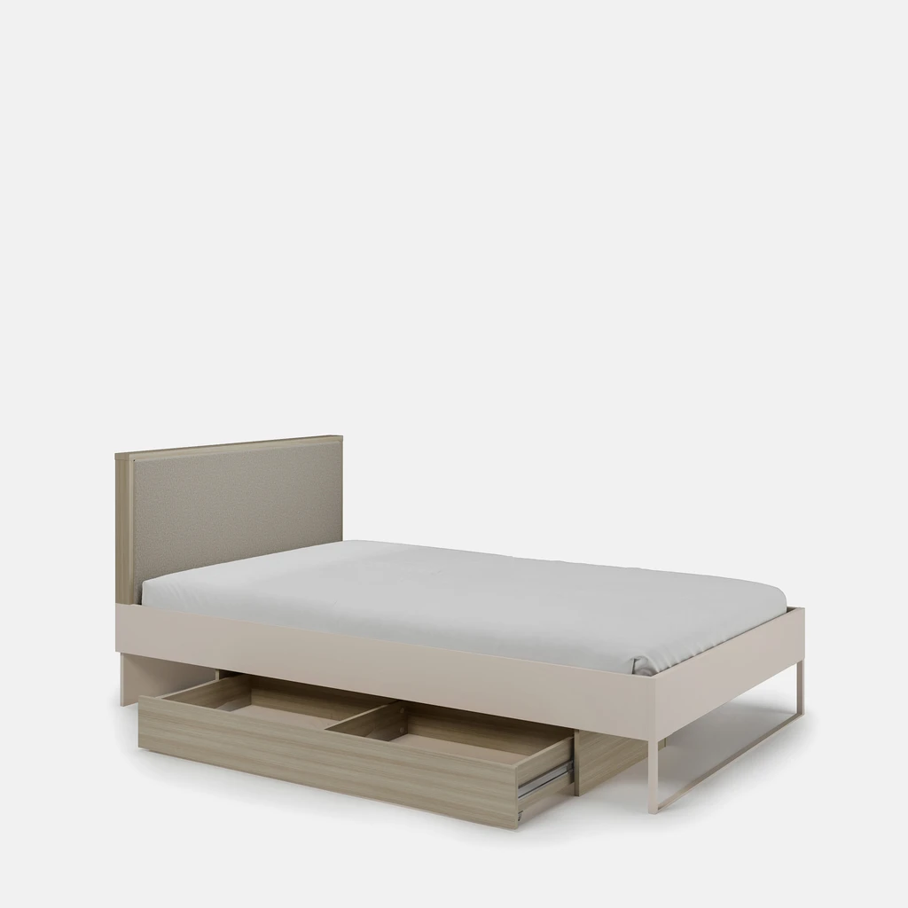 Łóżko jednoosobowe w beżowej kolorystyce, z szufladą na pościel.