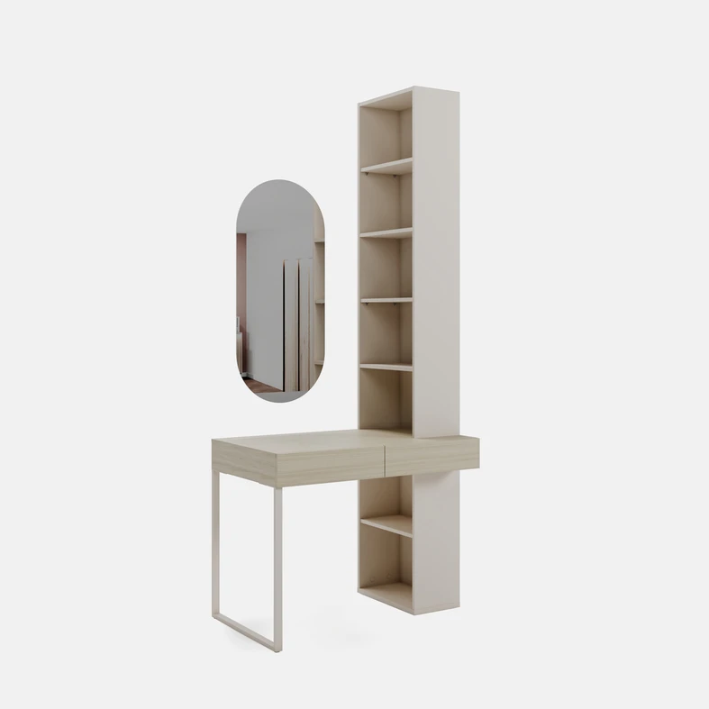 Beżowe biurko na metalowej płozie. Po prawej stronie posiada wysoki otwarty regał W zestawie znajduje się pionowe lustro