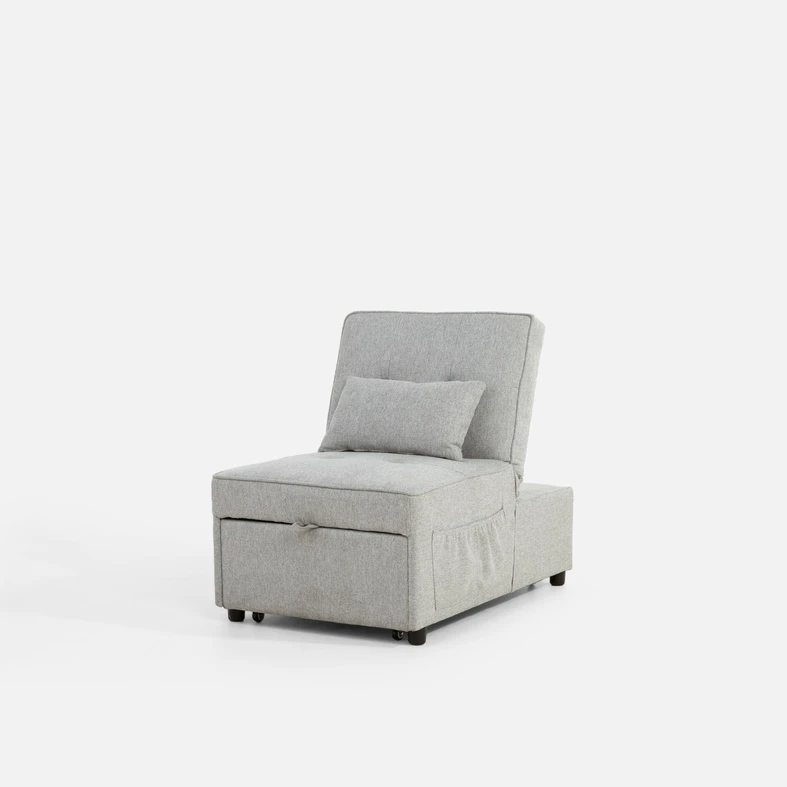 Szara sofa 1-osobowa rozkładana, z boczną kieszenią