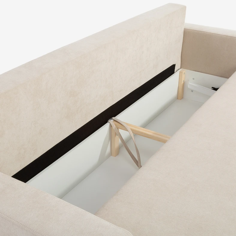 Beżowa sofa z pojemnikiem i miękkim wypełnieniem – styl i wygoda w jednym.