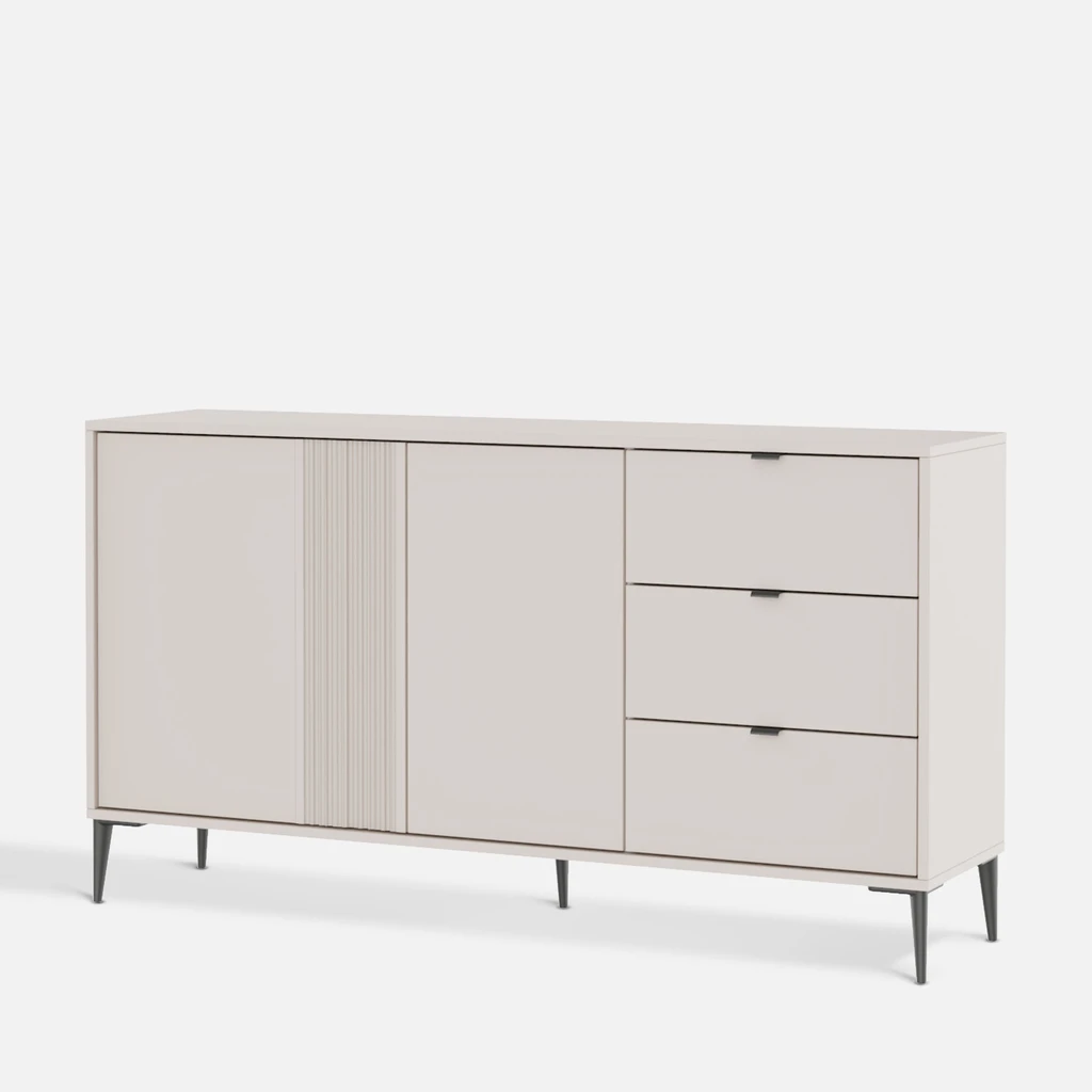 Komoda INERTIA – subtelny kaszmir, wysokie nóżki i funkcjonalny układ dla uporządkowanej przestrzeni.