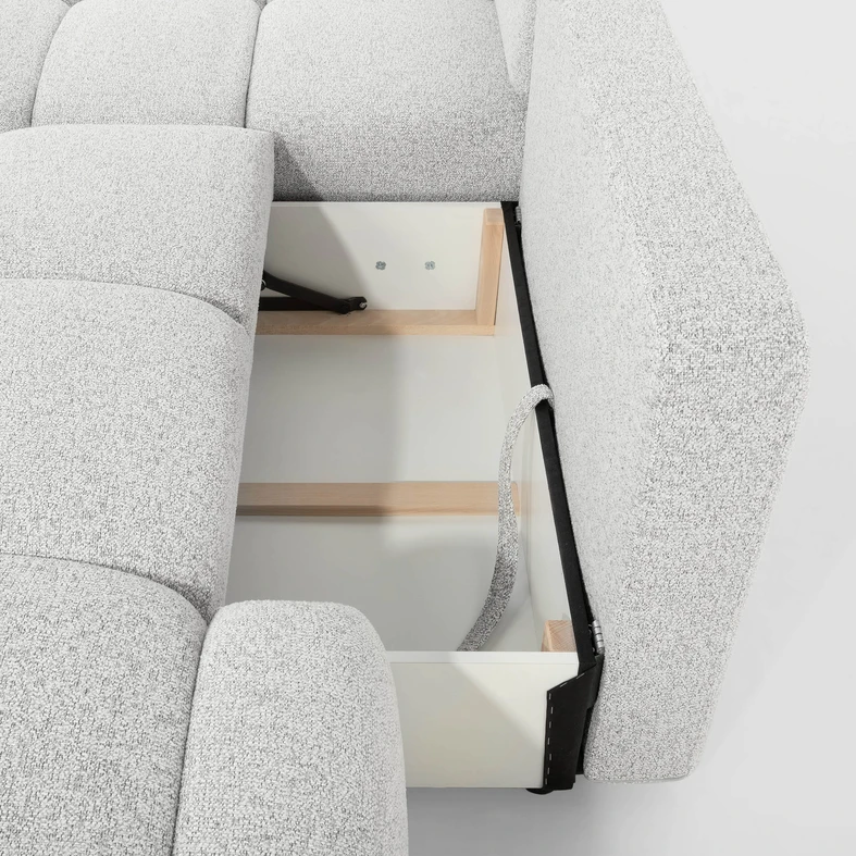 Rozkładany narożnik BIANCO O łączy przytulny melanż tkaniny z funkcją spania i przechowywania.