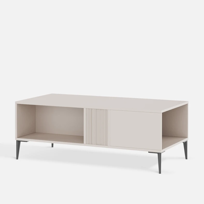 Stolik kawowy INERTIA kaszmir Jasny stolik kawowy 120×60 cm – praktyczne półki, lekka forma i nowoczesny akcent w Twoim wnętrzu.