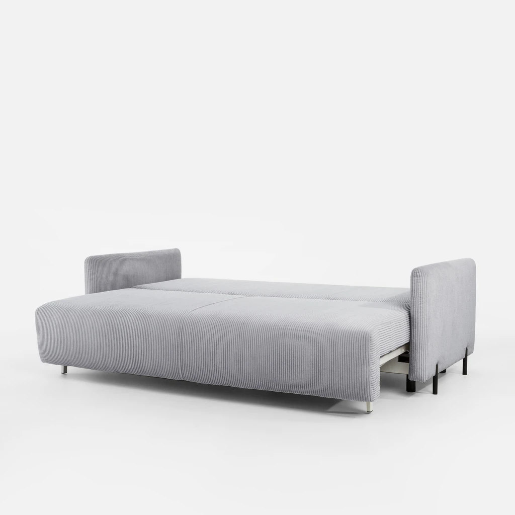 Jasnoszara sofa z prostokątnymi poduszkami i funkcją spania.