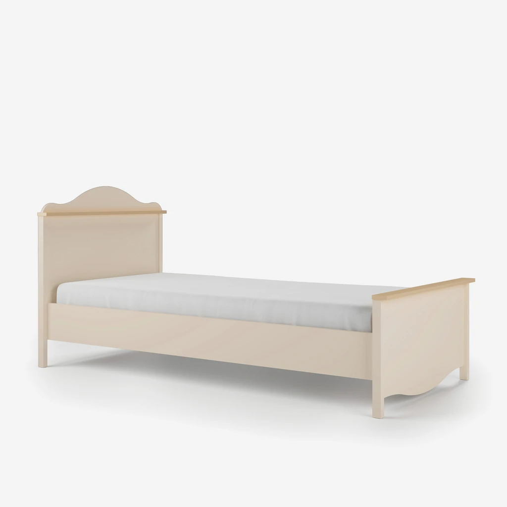 Beżowe łóżko dziecięce z ozdobnym wezgłowiem, 2 szufladami oraz materacem.