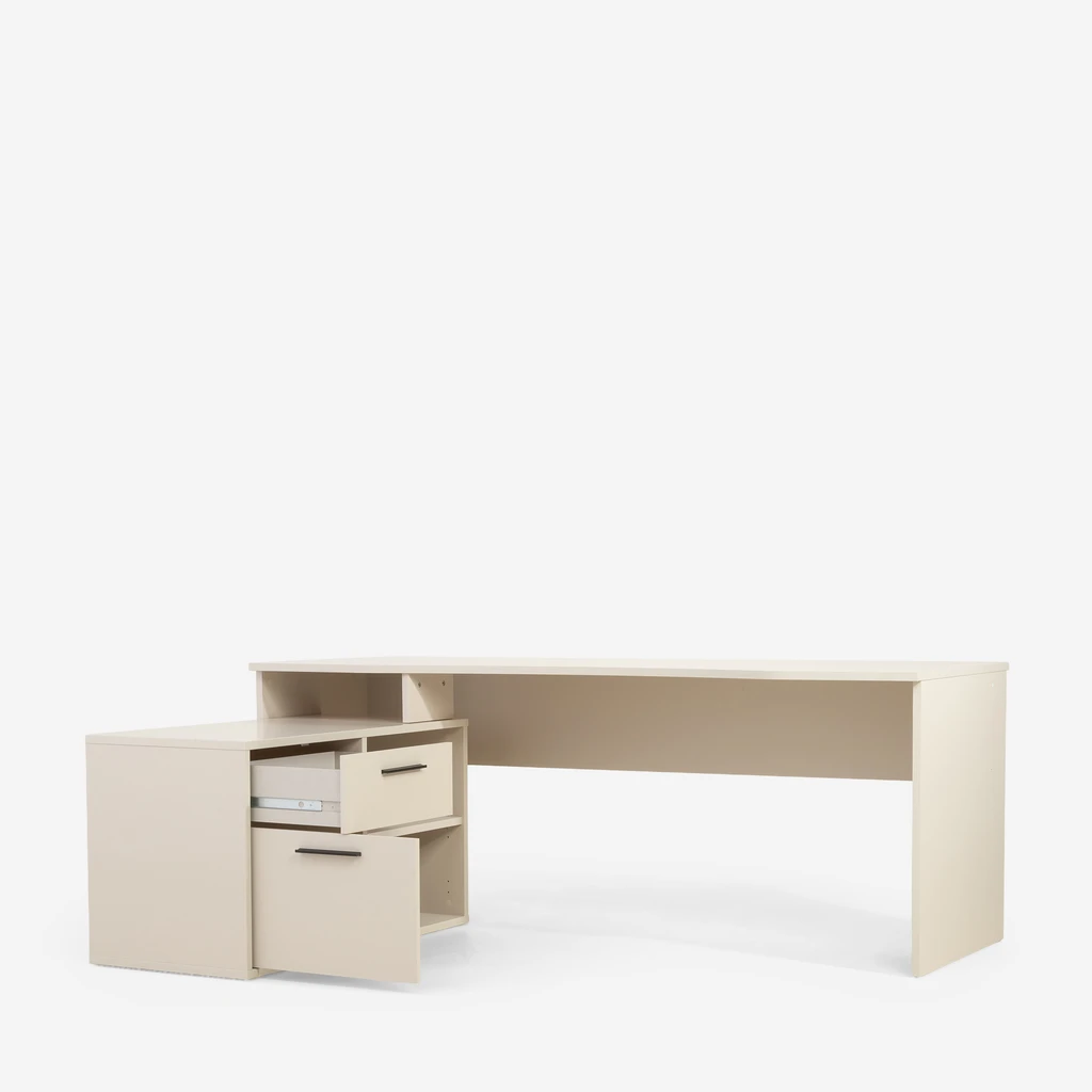 Beżowe biurko narożne, z komodą boczną z szafką i szufladą