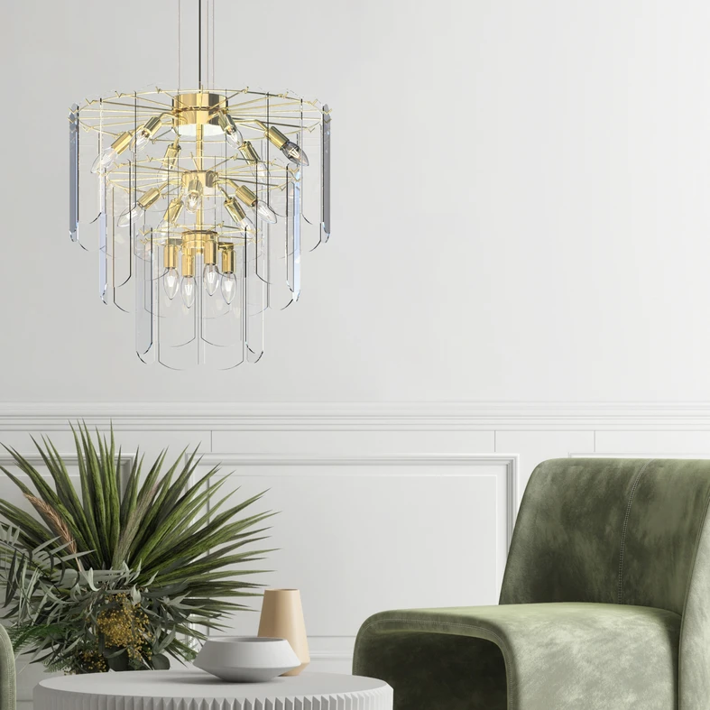 Lampa NIRA posiada okrągłą podstawę i złoty stelaż. Jej średnica to 56 cm.