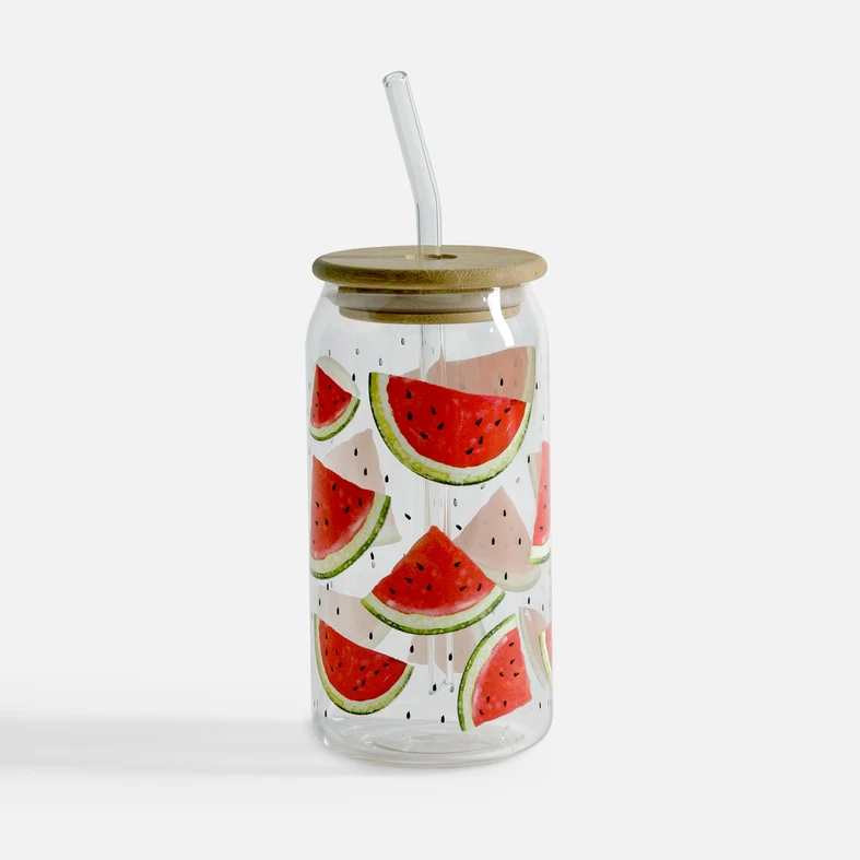 Sklenice s bambusovým víčkem a brčkem MELOUNY 500 ml