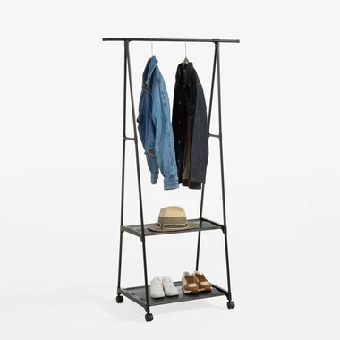 Věšákový stojan s policemi, černý, 84x48x156 cm