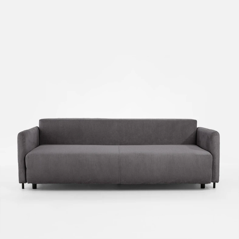 Szara sofa z prostokątnymi poduszkami i funkcją spania.