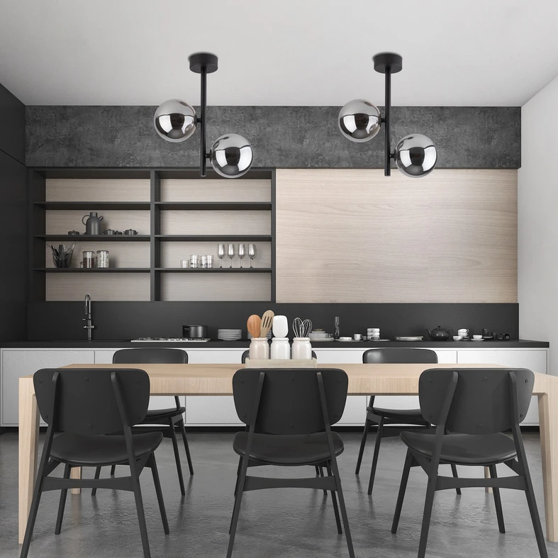 Czarne, matowe wykończenie metalowych elementów lampy świetnie współpracuje z meblami w odcieniach nowoczesnej bieli i szarości, naturalnego drewna i zawsze eleganckiej czerni.