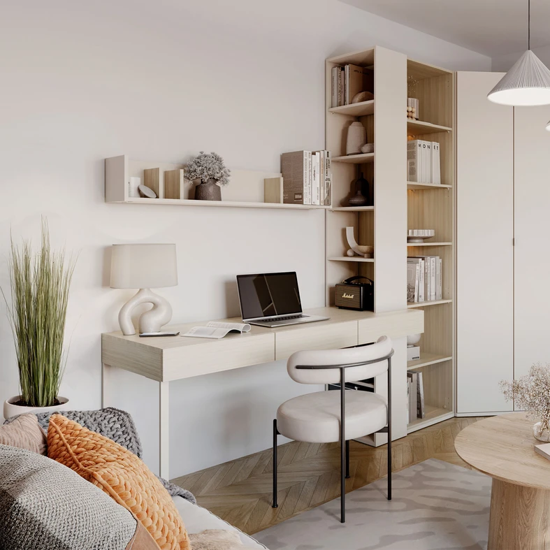 Aranżacja nowoczesnego salonu z biurkiem w salonie