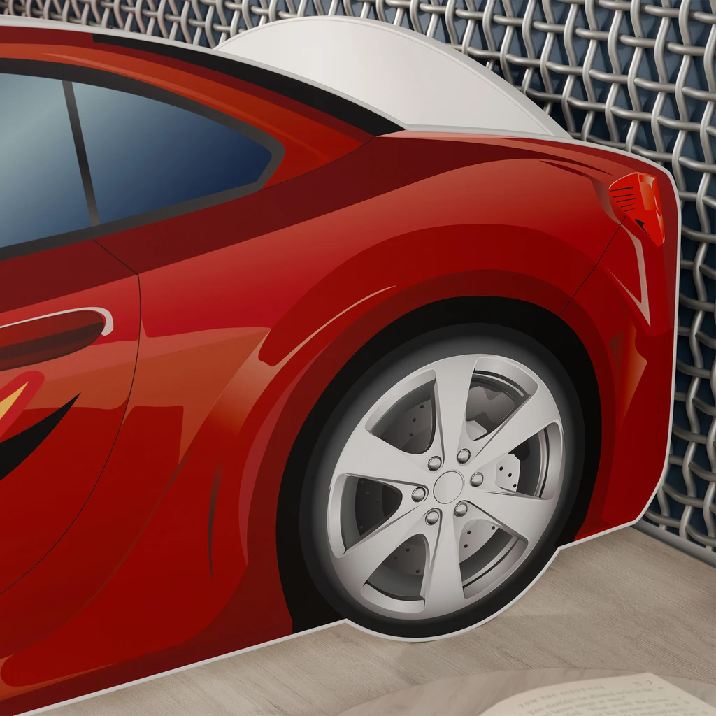 Detal, tylny bok łóżka z widoczną oponą i częścią samochodu