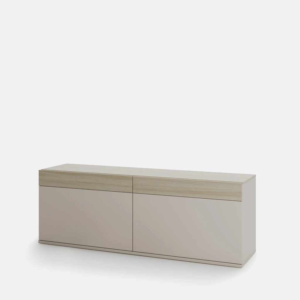 Beżowa szafka pod telewizor z 2 szafkami klapowymi i 2 szufladami w kolorze jasnego drewna