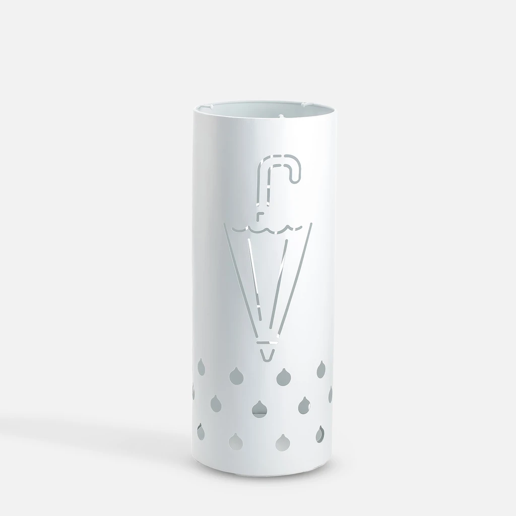 Cylindryczny, biały stojak na parasole z ażurowym wzorem parasola i kropel deszczu. 