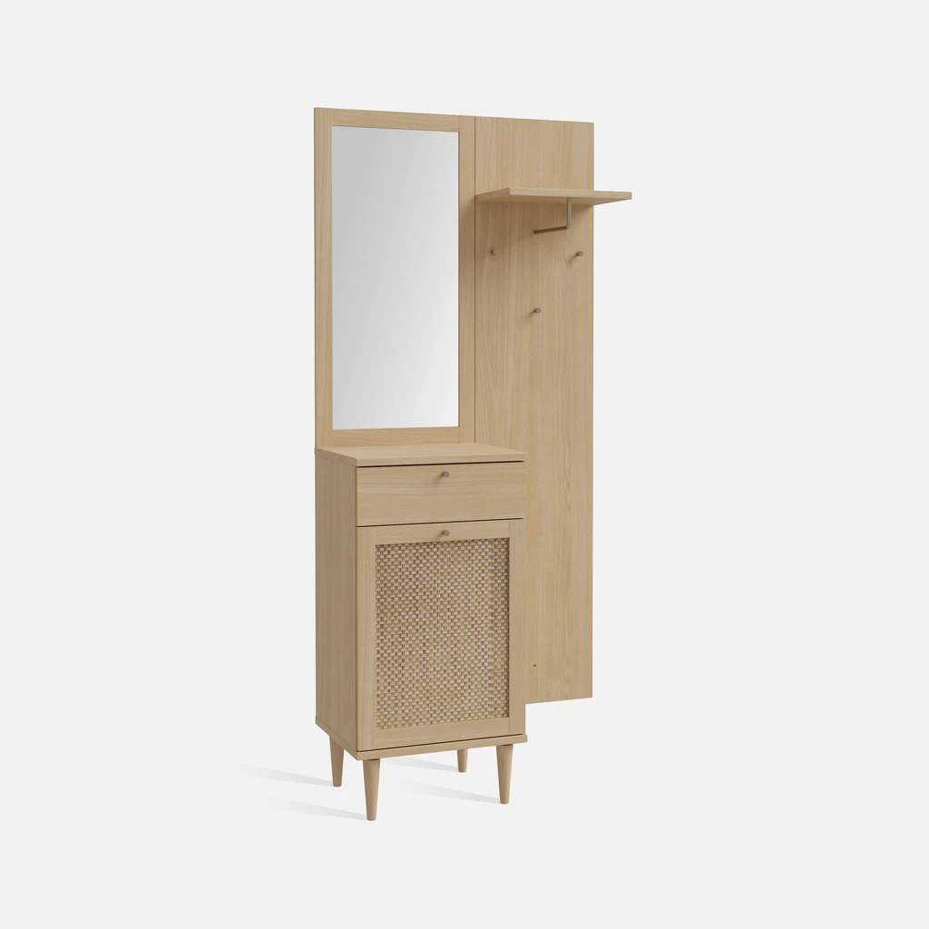 Garderoba na przedpokój w kolorze jasnego drewna i technorattanem na frontach