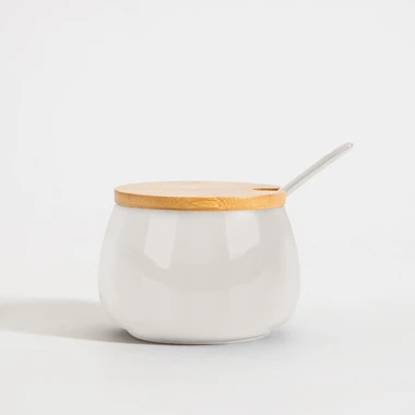 Bílá cukřenka se lžičkou BONA 9 cm