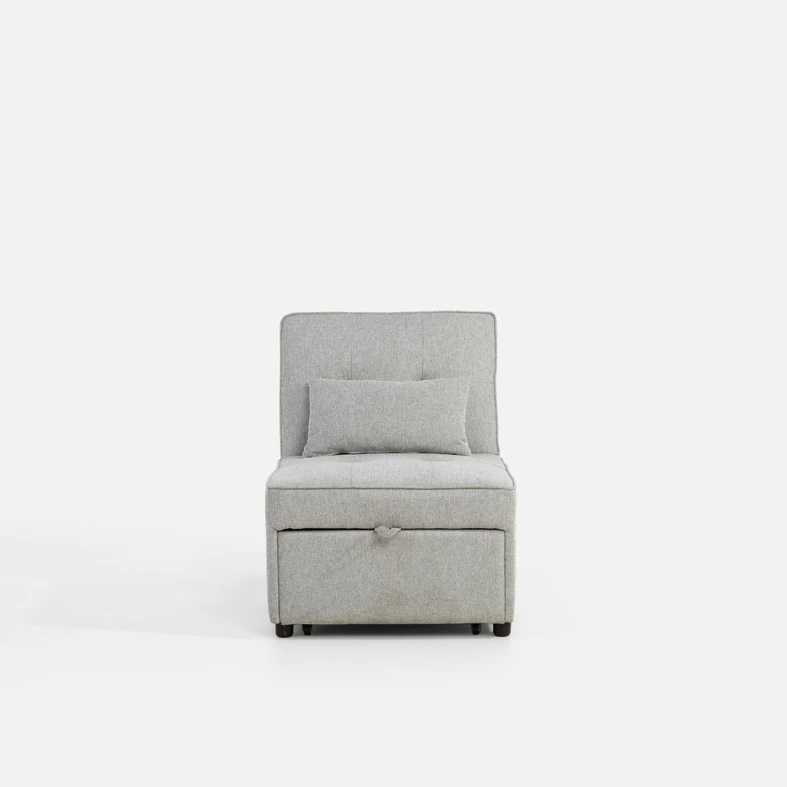 Szara sofa 1-osobowa rozkładana, z boczną kieszenią